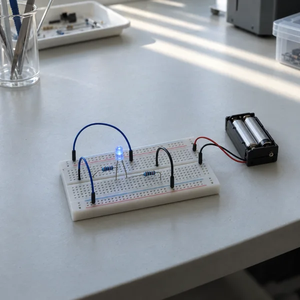 A small white breadboard circuit with two resistors, arched blue and dark jumper wires, a glowing blue LED, and a two-cell battery holder sits on a pale…