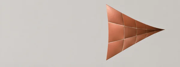 A burnt-terracotta tessellation of tapered quadrilateral tiles forms a long triangular wedge on a pearl-grey field, with the shape pointing to the right and…