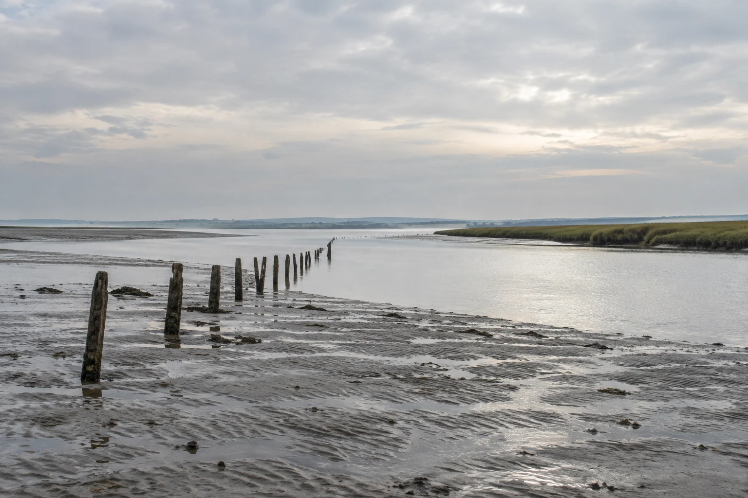 A line of weathered wooden posts crosses a rippled grey-brown tidal mudflat toward a pale estuary channel, with low marsh grass, a distant shoreline and a…