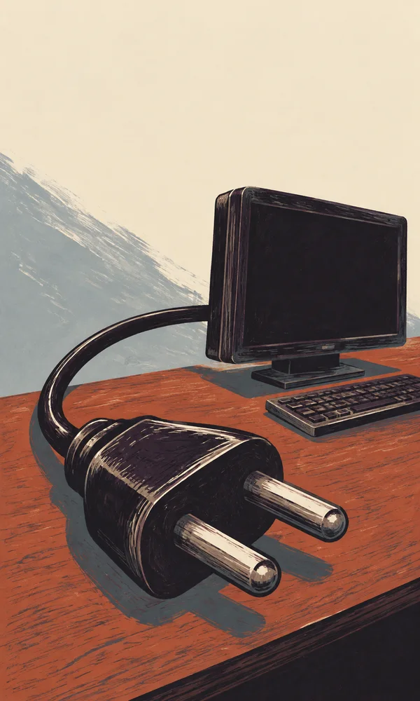 An oversized dark electrical plug with two blunt metal prongs lies across a rust-coloured desk, its thick cord looping back toward a dark-screen monitor and…