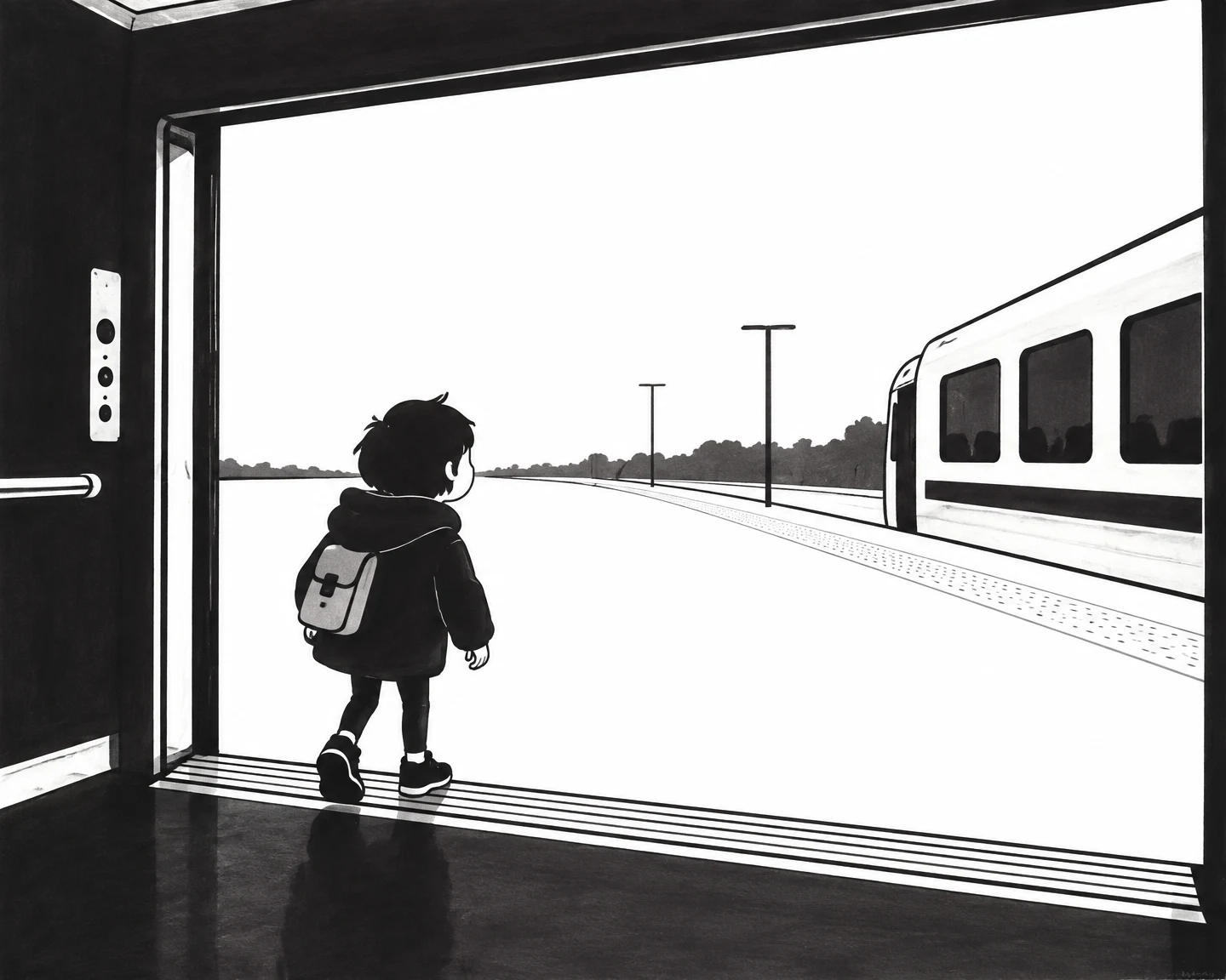 A child with a small backpack steps from a dark lift onto a bright railway platform, looking toward a train cropped at the right; the open doorway frames the…