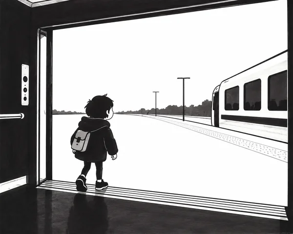A child with a small backpack steps from a dark lift onto a bright railway platform, looking toward a train cropped at the right; the open doorway frames the…