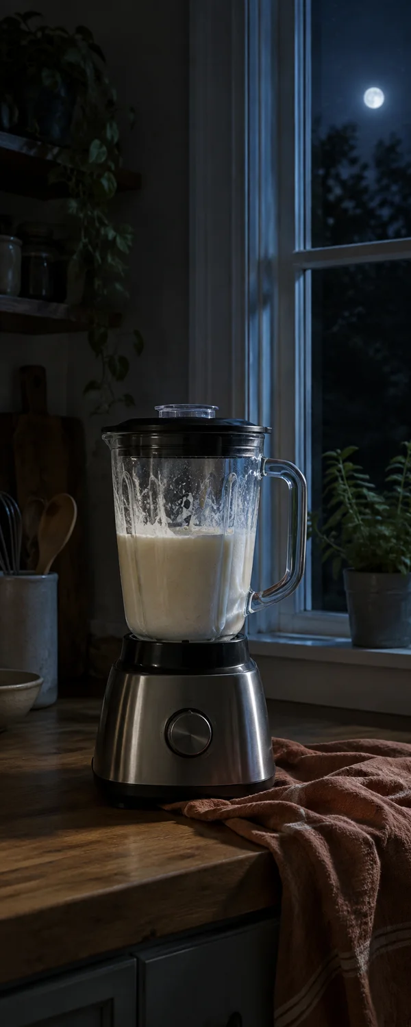An unbranded stainless-steel blender filled with a pale creamy drink sits on a worn wooden kitchen counter, with a rumpled russet towel partly beneath its base.