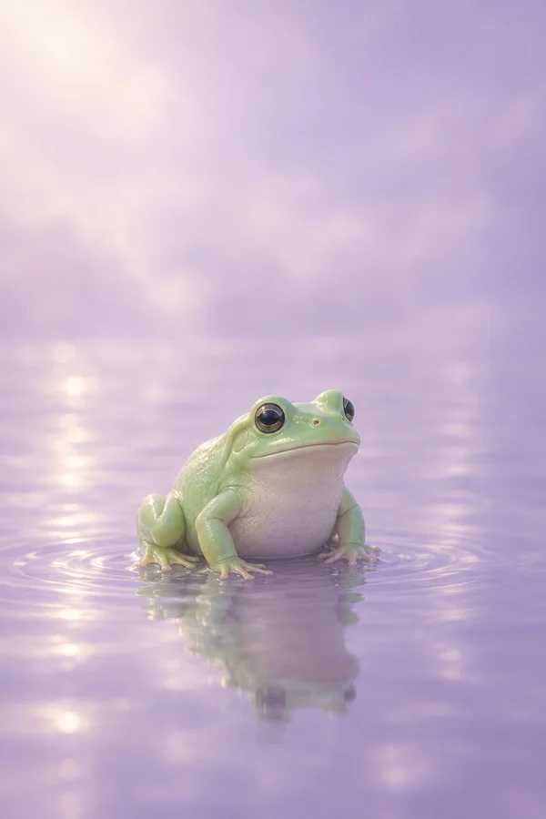 A plump mint-green frog sits in lavender water, its reflection stretching below it against a softly glowing lilac haze.