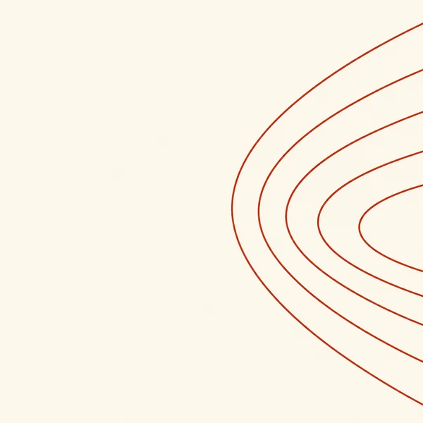 Five thin rust-red curves sweep across a warm ivory square, with their rounded bends grouped on the right and open space on the left.