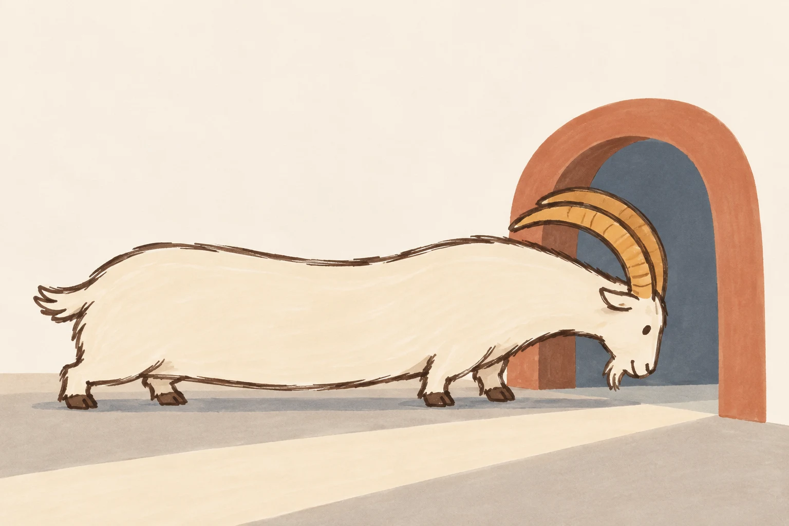 A cream-colored goat with an unusually long body and short legs ducks rightward into a blue-grey arched doorway.