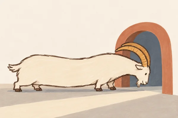 A cream-colored goat with an unusually long body and short legs ducks rightward into a blue-grey arched doorway.