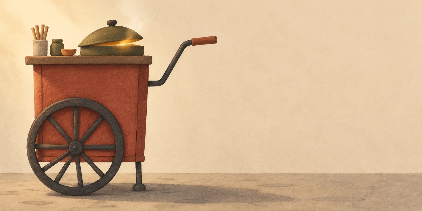 A tall clay-red street-food cart with one large charcoal spoked wheel, a bent handle and a small support foot stands on lightly marked pavement.