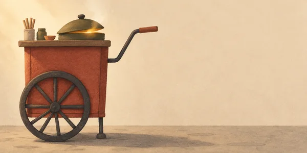 A tall clay-red street-food cart with one large charcoal spoked wheel, a bent handle and a small support foot stands on lightly marked pavement.