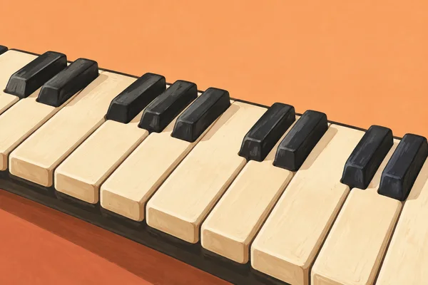 A close, diagonal view of an illustrated piano keyboard fills the lower half of the image, with oversized ivory keys and raised charcoal keys against a warm…