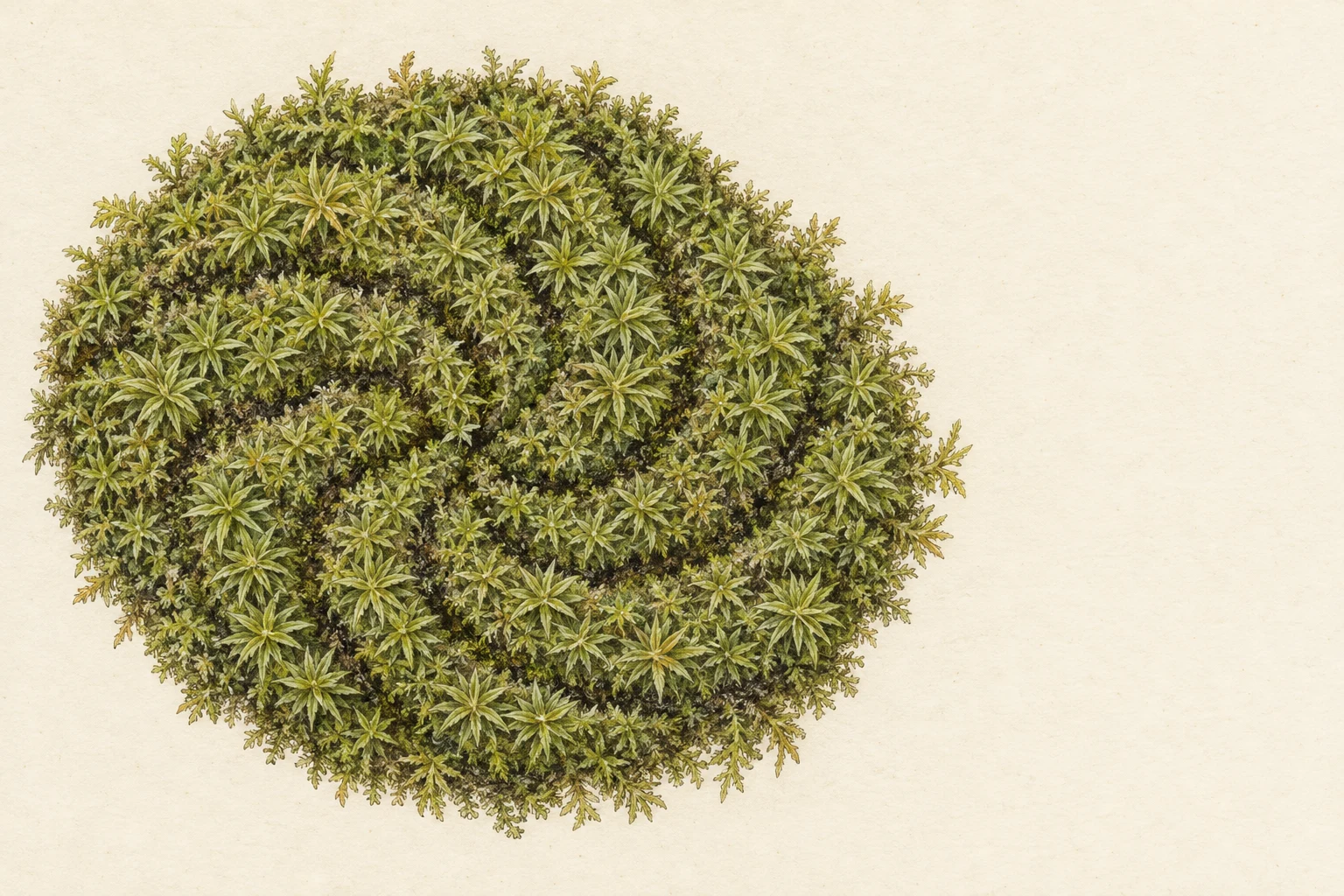 An oval cushion of dense green moss sits left of center on warm ivory paper, made up of many pointed, star-shaped shoots separated by dark curving channels.