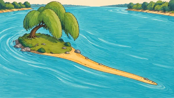 A small green river island with a large leaning willow and a long ochre sandbar stretching toward the lower right, surrounded by turquoise water and distant…