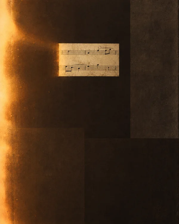 A small pale ochre sheet-music fragment with two staves and sparse musical notes sits near the upper center of a dark brown, grainy field.