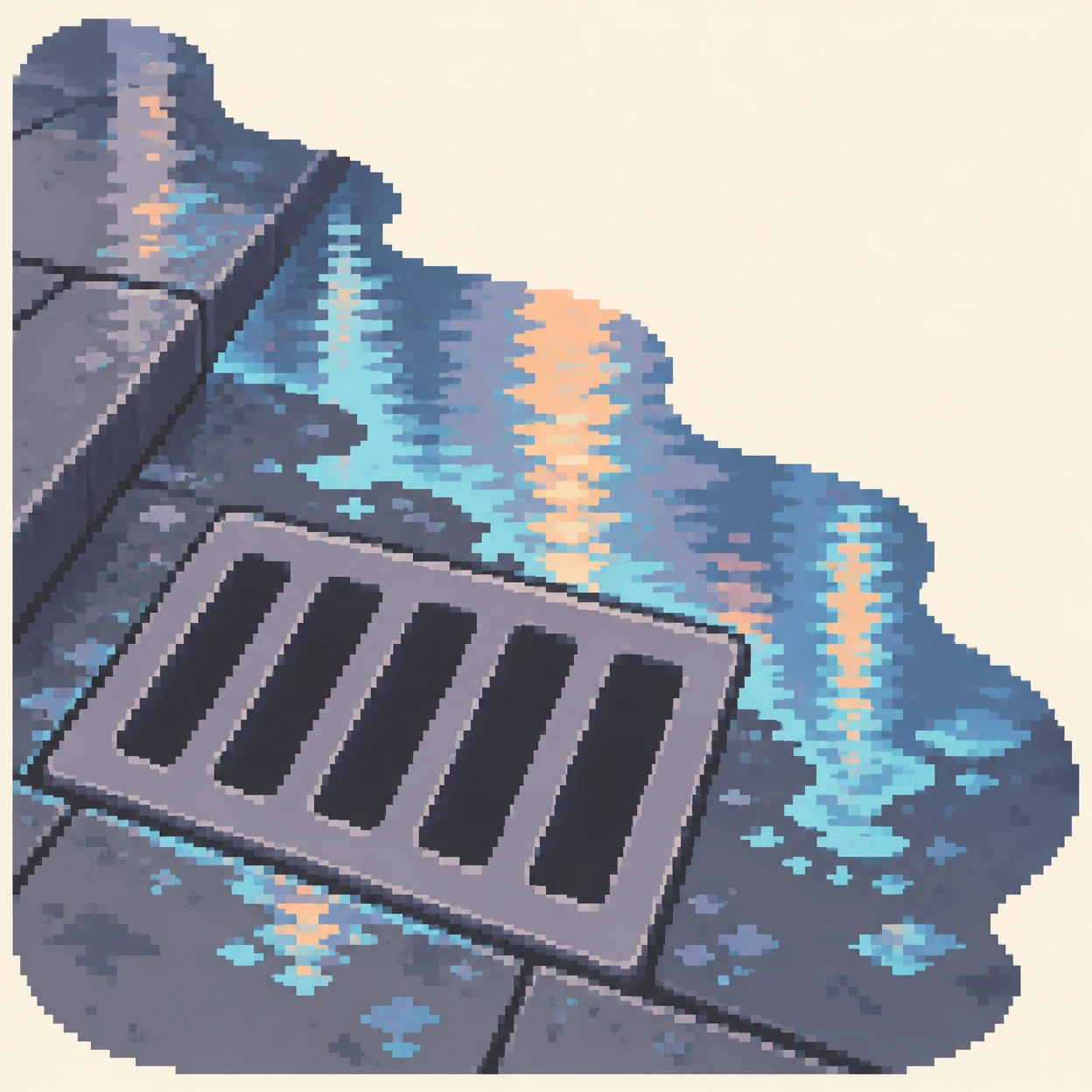 A chunky pixel-art illustration of a wide storm-drain grate with five dark slots on blue-grey city pavement.