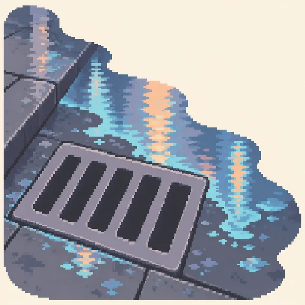 A chunky pixel-art illustration of a wide storm-drain grate with five dark slots on blue-grey city pavement.