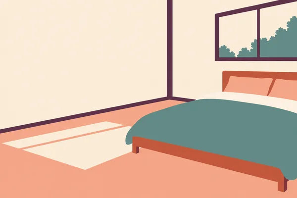 A low terracotta bed with a muted-teal duvet, ivory sheet and two peach pillows fills the lower-right of a peach-floored bedroom.
