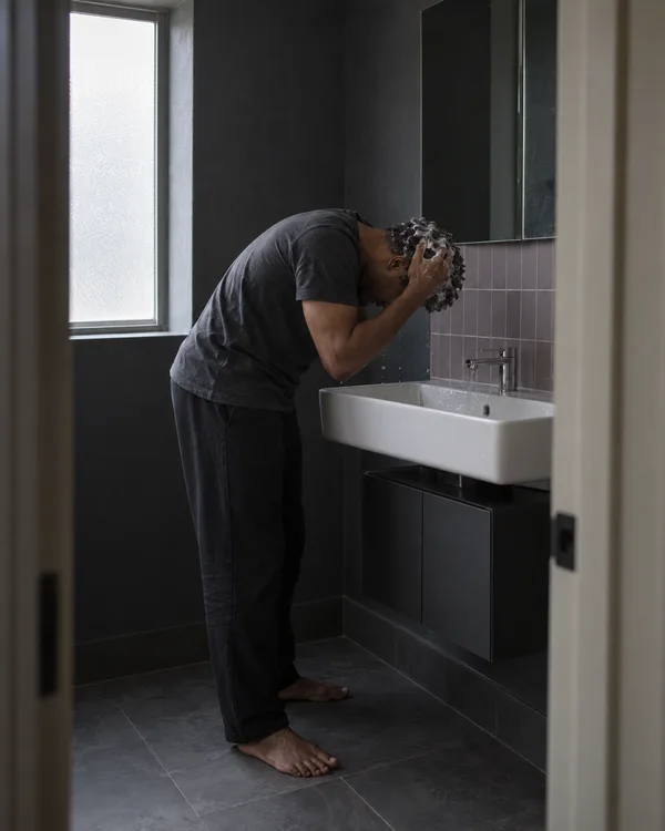 A barefoot adult in a charcoal T-shirt and dark trousers bends over a white wall-mounted basin, working shampoo lather into short coily hair in a dark tiled…