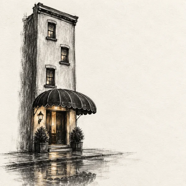 A tall, narrow townhouse hotel stands left of centre, with three upper windows, a broad scalloped dark canopy over a recessed entrance, a wall lantern, and…