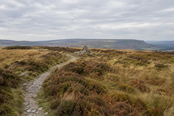 A pale gravel footpath winds through golden grass, heather and rust-brown bracken toward a small stone cairn on an open plateau, with a distant escarpment…