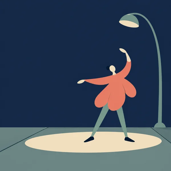 A stylized dancer in a coral petal-shaped tunic poses with one arm extended and the other raised beneath a curved mint streetlamp, standing in a cream pool of…