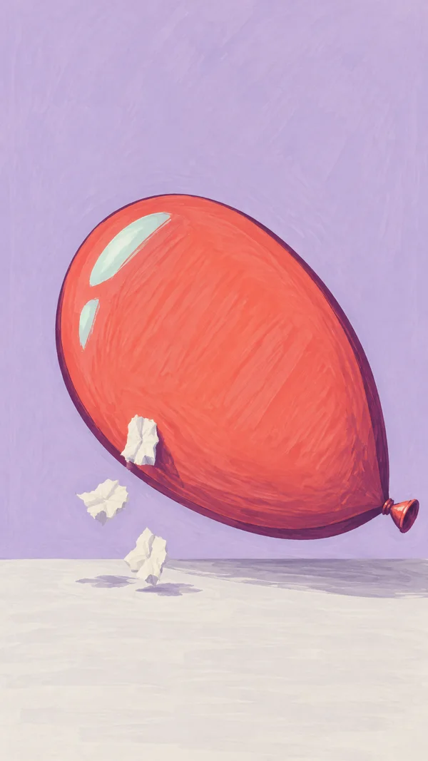 A large coral-red balloon with a small tied neck pointing right floats above a pale tabletop, with three ivory tissue-paper scraps nearby, including one…
