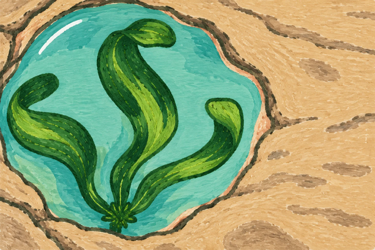 Overhead illustration of three broad green algae ribbons curling through turquoise water in a rocky tide pool, with warm sand-coloured rock extending across…