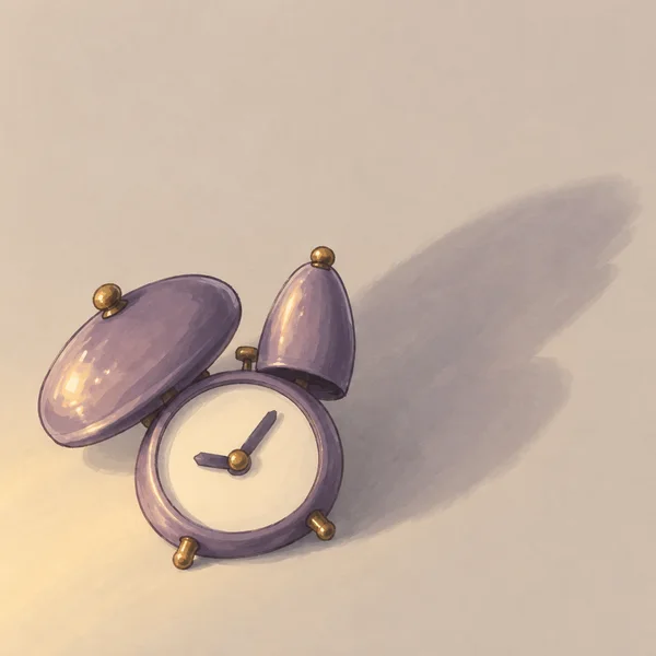 A dusty-violet twin-bell alarm clock lies diagonally on a pale taupe surface, with a broad flattened bell, a tall narrow bell, a cream dial with two hands, and…