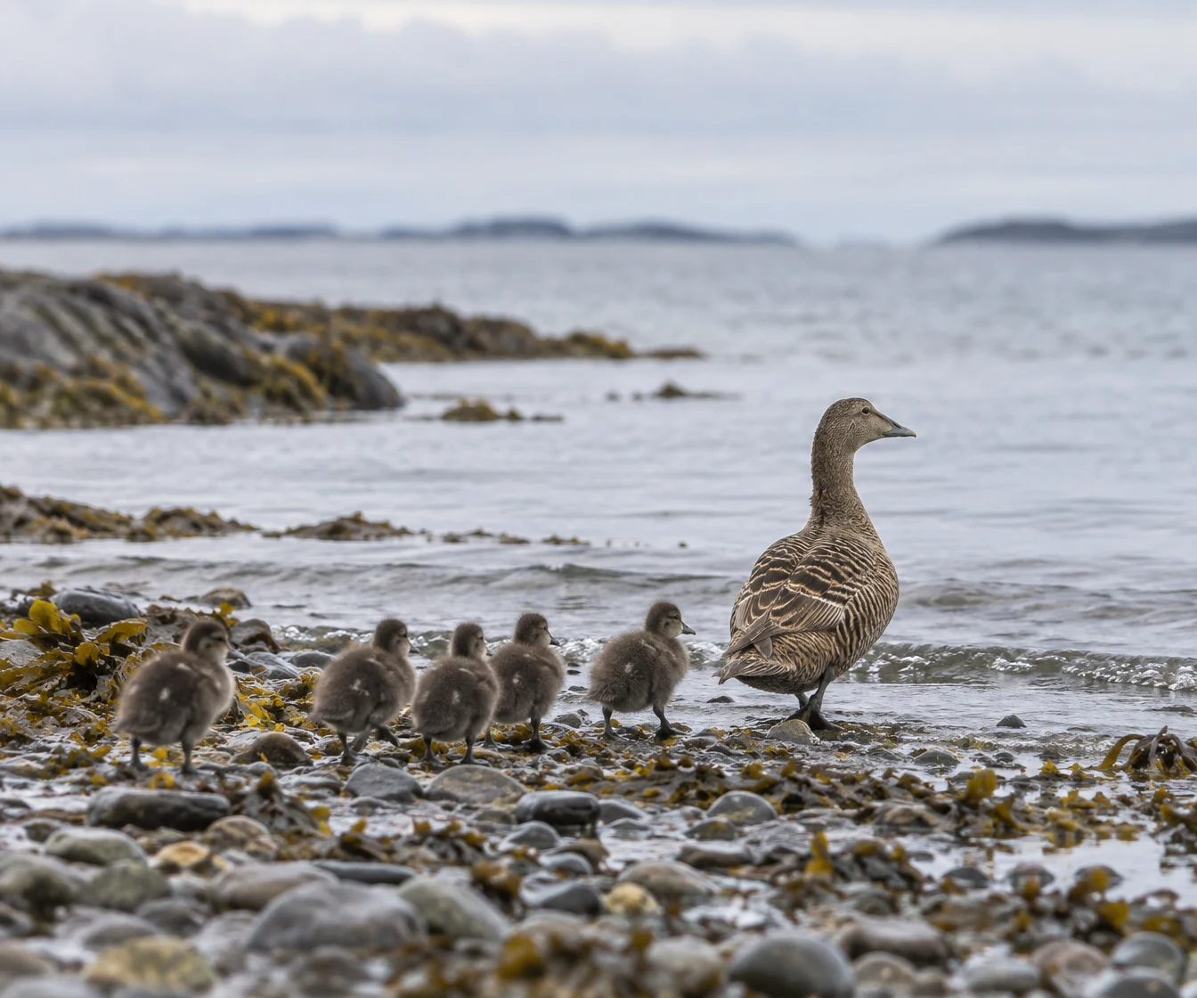 A brown, pale-striped adult duck walks through shallow water at a rocky, seaweed-covered shore, with five fluffy grey-brown ducklings following behind.