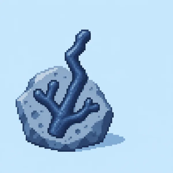 A dark navy branching coral fossil rises from a squat, irregular blue-gray stone fragment against a pale icy-blue background, with a short blue shadow…