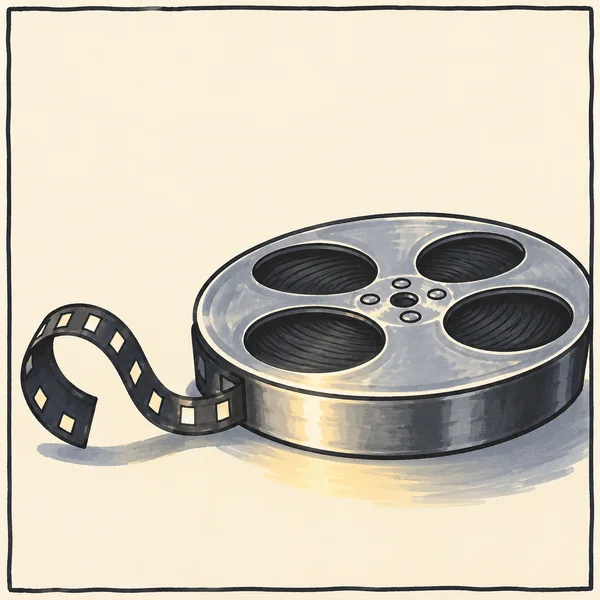 A wide silver film reel with four large openings rests at an angle on a cream background, its dark film strip curling to the left.