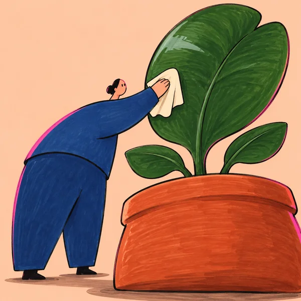 A gardener in deep blue clothing wipes a large green houseplant leaf with a cream cloth beside an oversized terracotta pot, against a pale peach background…