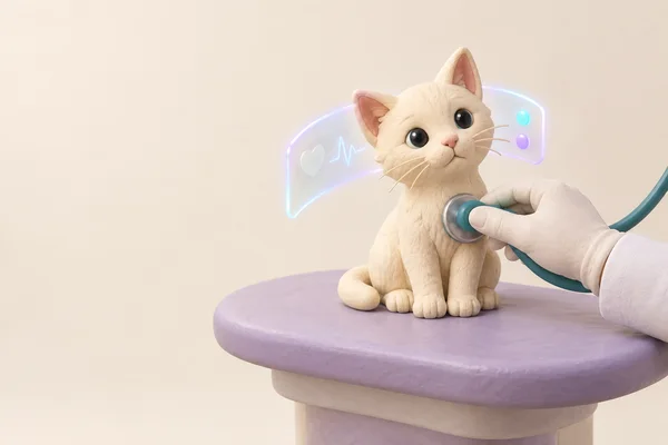 A cream-colored clay kitten sits on a rounded lavender examination table as a gloved hand holds a teal stethoscope to its chest.