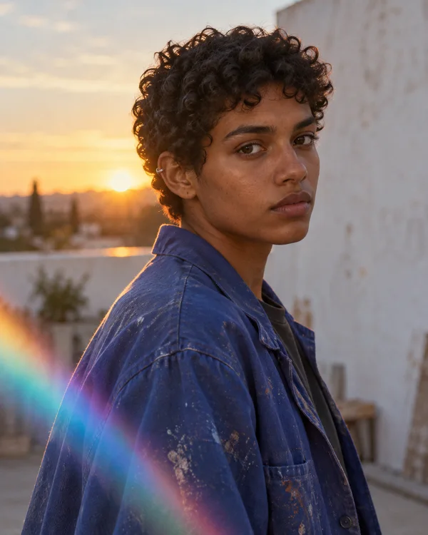 A young adult with short dark curls and a silver ear cuff looks toward the camera in a cobalt, paint-marked work jacket over a dark shirt.