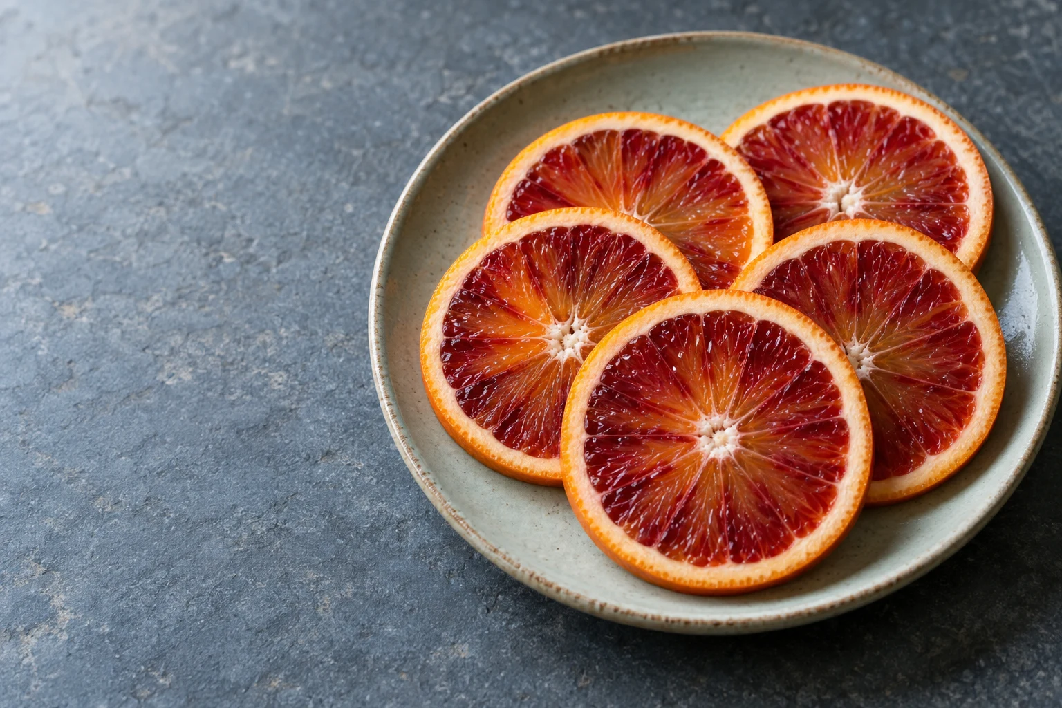 Five overlapping blood-orange slices rest on a shallow pale green ceramic plate on a textured blue-gray stone tabletop, with open space to the left.