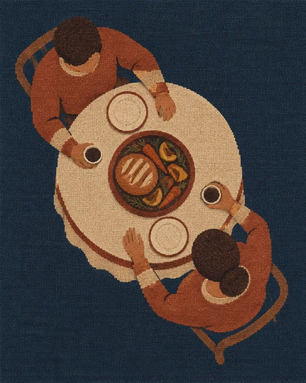 Overhead tapestry-style illustration of two adults in terracotta clothing seated across a round flax-colored table, with a central platter of bread and…