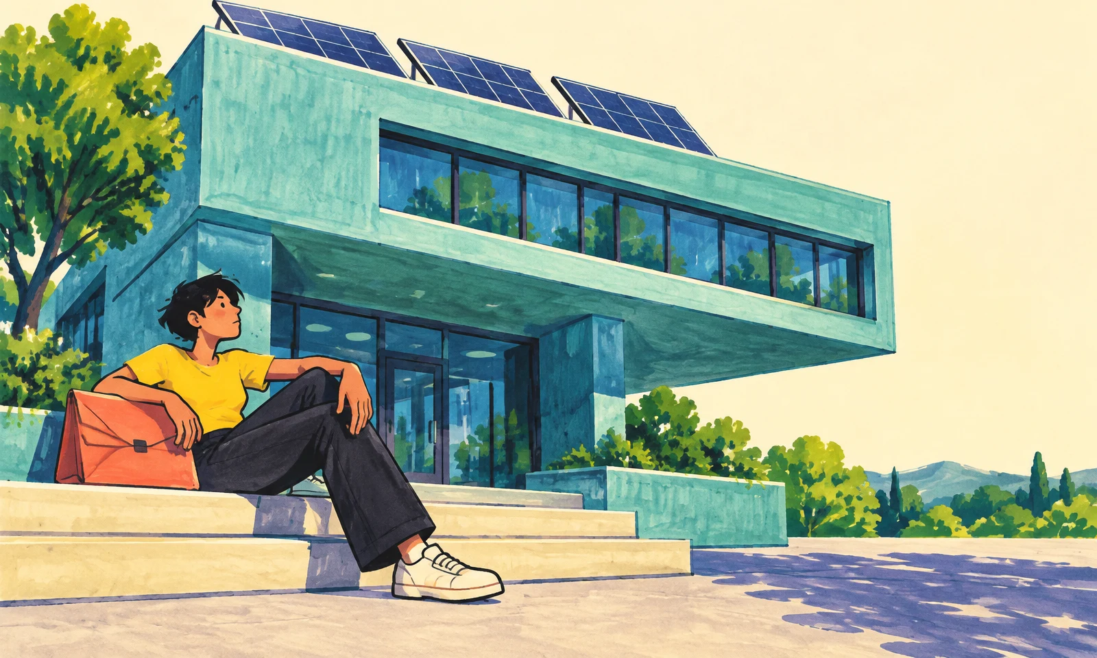 A young adult in a yellow shirt lounges on broad steps beside a large closed coral portfolio, in front of a turquoise cantilevered building with rooftop solar…