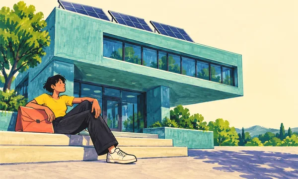 A young adult in a yellow shirt lounges on broad steps beside a large closed coral portfolio, in front of a turquoise cantilevered building with rooftop solar…