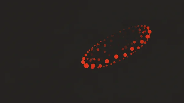 A diagonally tilted elliptical field of red-orange dots floats right of center against a dark charcoal background, with broad empty space to the left.