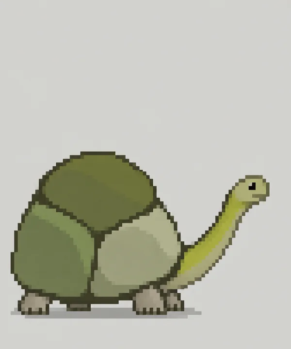 A pixel-edged tortoise stands in side view across the lower part of a pale grey background, with a large moss-green shell, a yellow-green neck reaching up to…