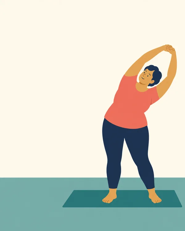 A broad-bodied adult in a coral shirt and navy trousers performs a standing side stretch with clasped hands overhead on a teal exercise mat in a simple room.