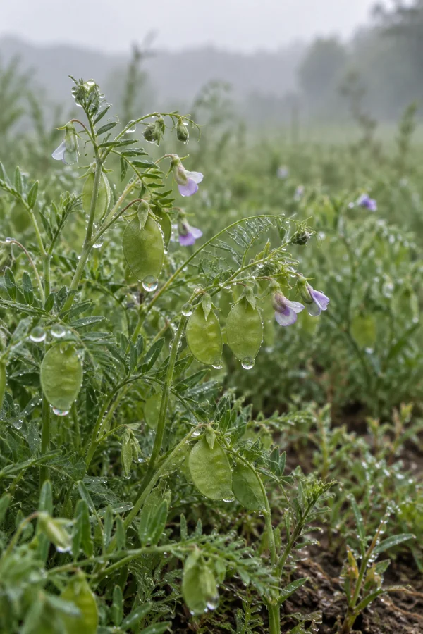 A cluster of green lentil plants with delicate leaflets, pale lavender flowers and flat green pods covered in dew, against a softly blurred misty field…