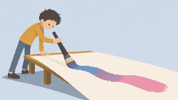 A dark-haired child leans over a long, tapered ochre table and guides an oversized brush across a large ivory sheet, leaving a broad blue-and-pink stroke with…