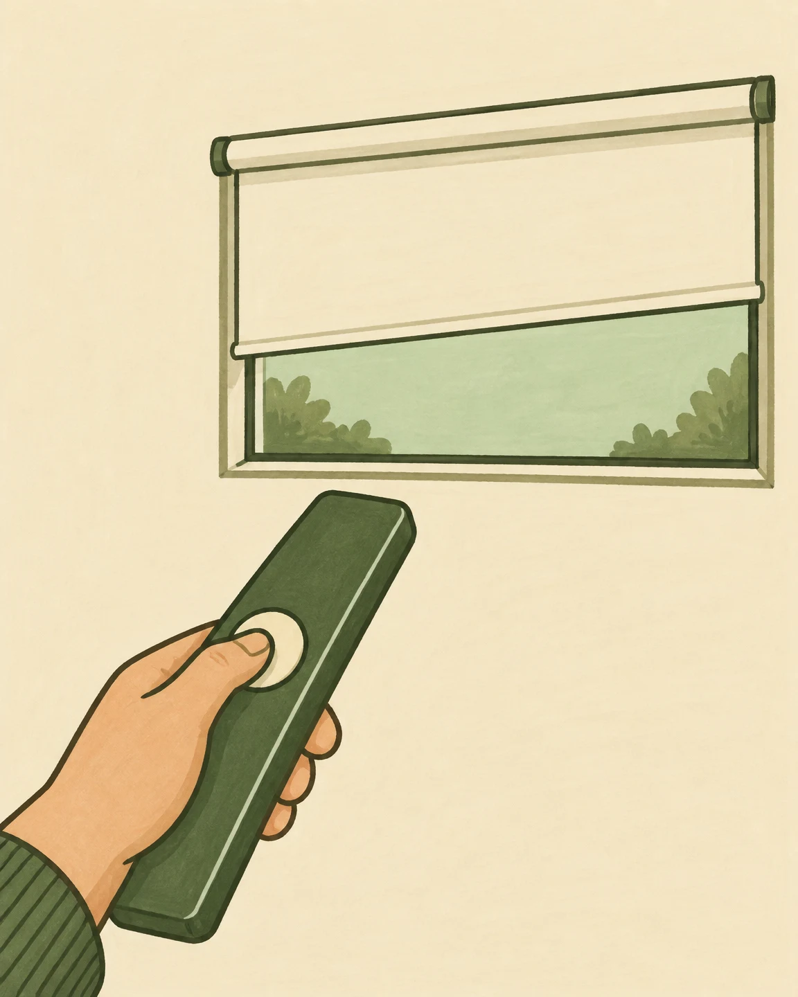 A hand holds a long dark-green remote diagonally toward a wide window with a partly raised cream roller blind; leafy silhouettes show along the lower edge of…