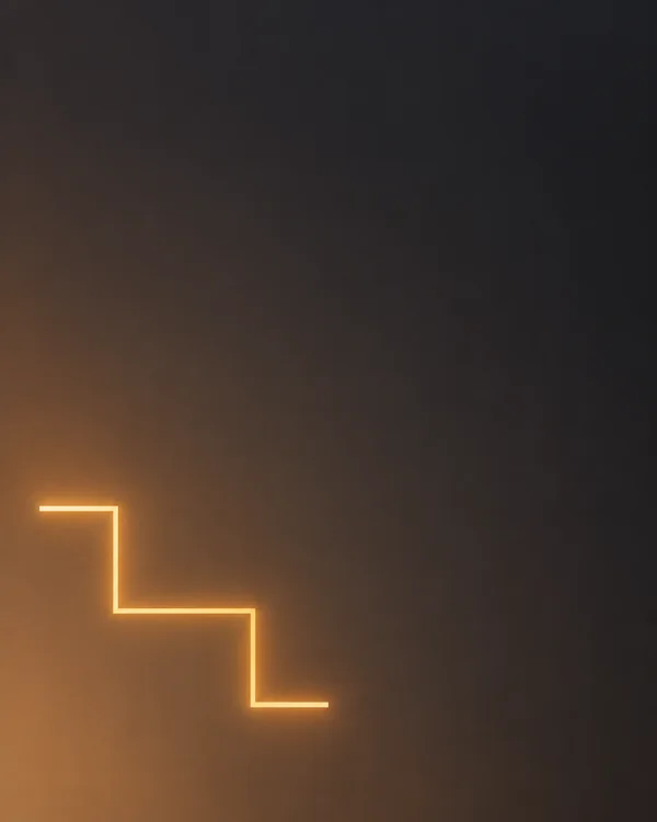 A glowing amber open stepped line with three right-angle turns sits in the lower-left area of a dark charcoal-to-umber gradient field.