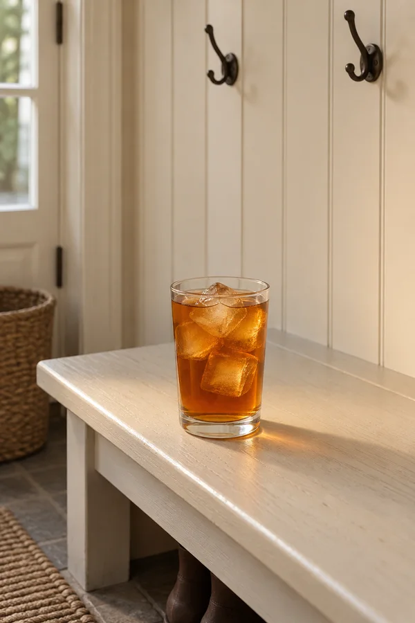 A clear tumbler of amber iced tea sits on a pale wooden bench in a warm-toned entryway, with two dark coat hooks on the paneled wall behind it; a window, woven…