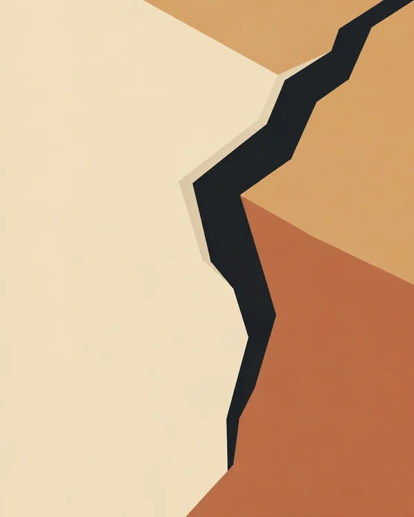 An abstract geometric overhead view of a near-black angular channel cutting through ivory, ochre and terracotta planes, with a narrow pale edge along one side.