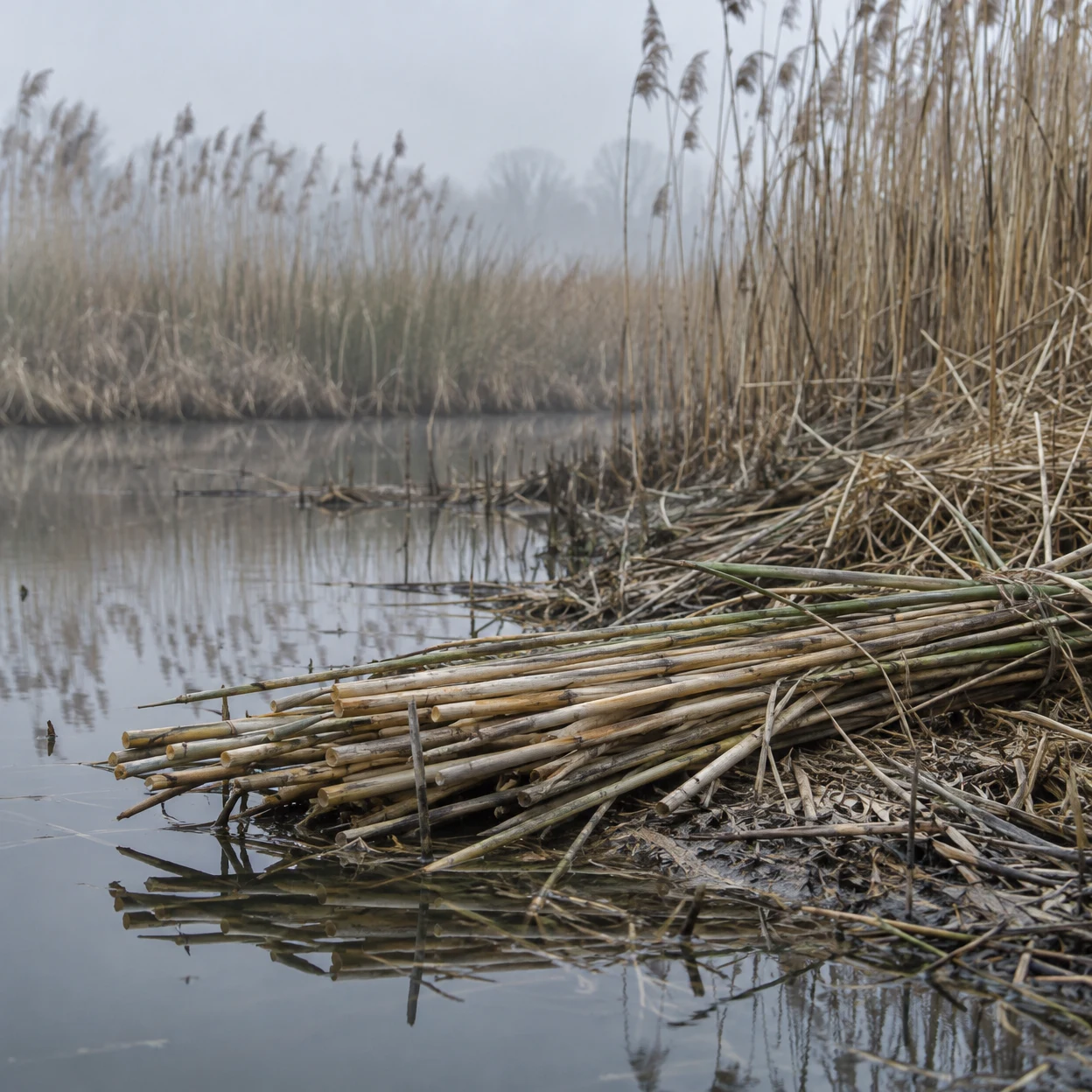 A large stack of cut reed stems with pale angled ends lies along a muddy wetland edge, partly over still grey water reflecting reeds; standing reed beds fade…