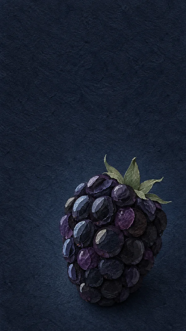 A large dark purple blackberry made from layered, textured paper pieces sits near the bottom of a midnight-blue textured background, with pale highlights and…