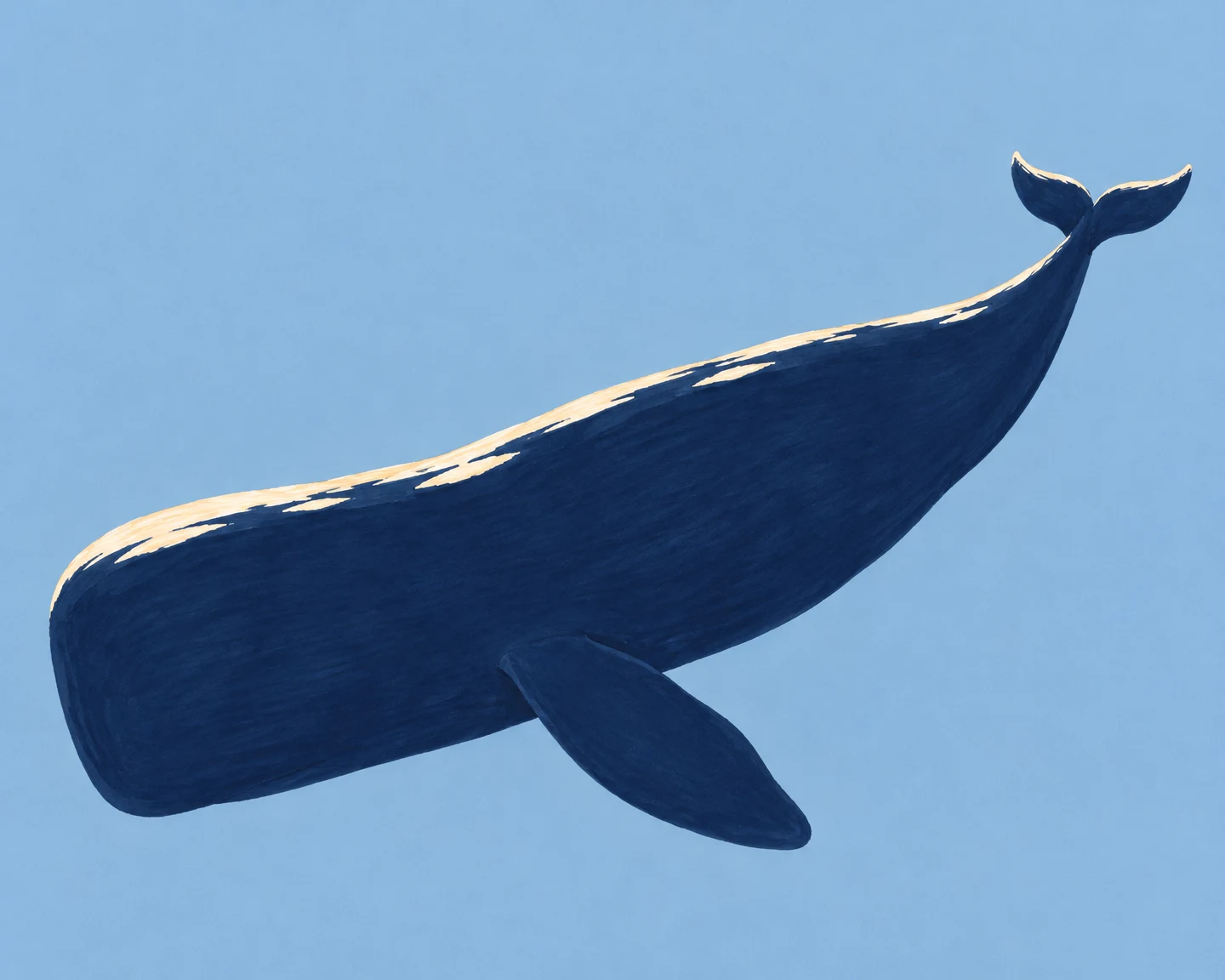 A large deep-navy whale drifts diagonally across a muted blue background, with its rounded head at lower left, raised flukes at upper right, a broad pectoral…