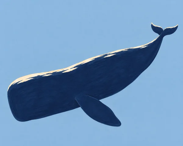 A large deep-navy whale drifts diagonally across a muted blue background, with its rounded head at lower left, raised flukes at upper right, a broad pectoral…